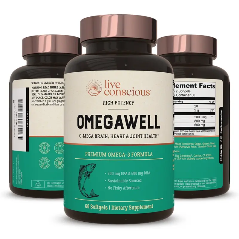 Live Conscious OmegaWell Omega 3 Fish Oil - 2000mg Capsules: Heart, Brain, & Joint Support - 800 mg EPA 600 mg DHA - Sustainably Sourced - Softgels