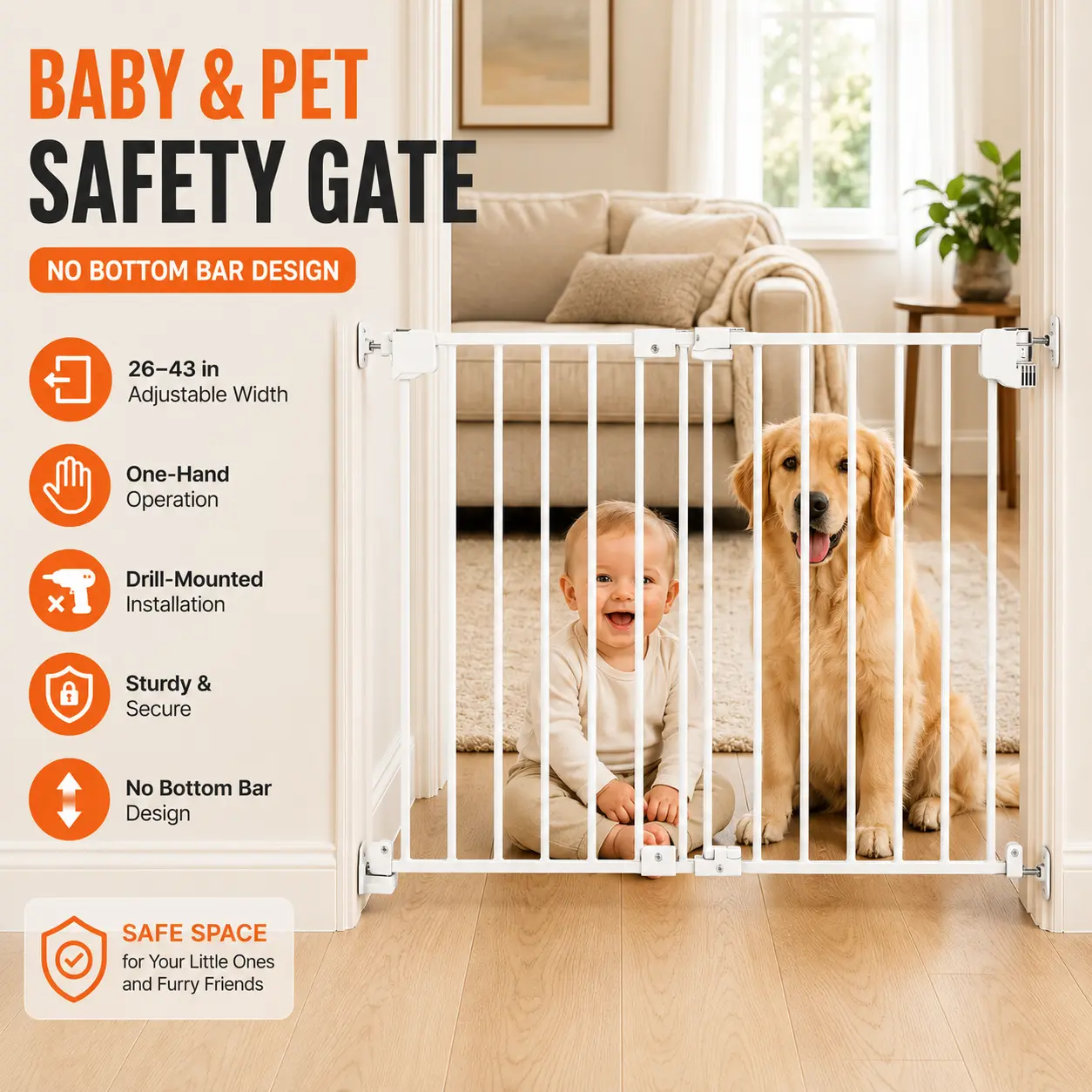 White Steel Adjustable Safety Barrier for Babies - 26-43 in Width, 28 in Height, No Bottom Bar, 1-Handed Operation, Dual-Lock System, Easy Drilling Installation with Hardware Kit for Stairs, Doorways