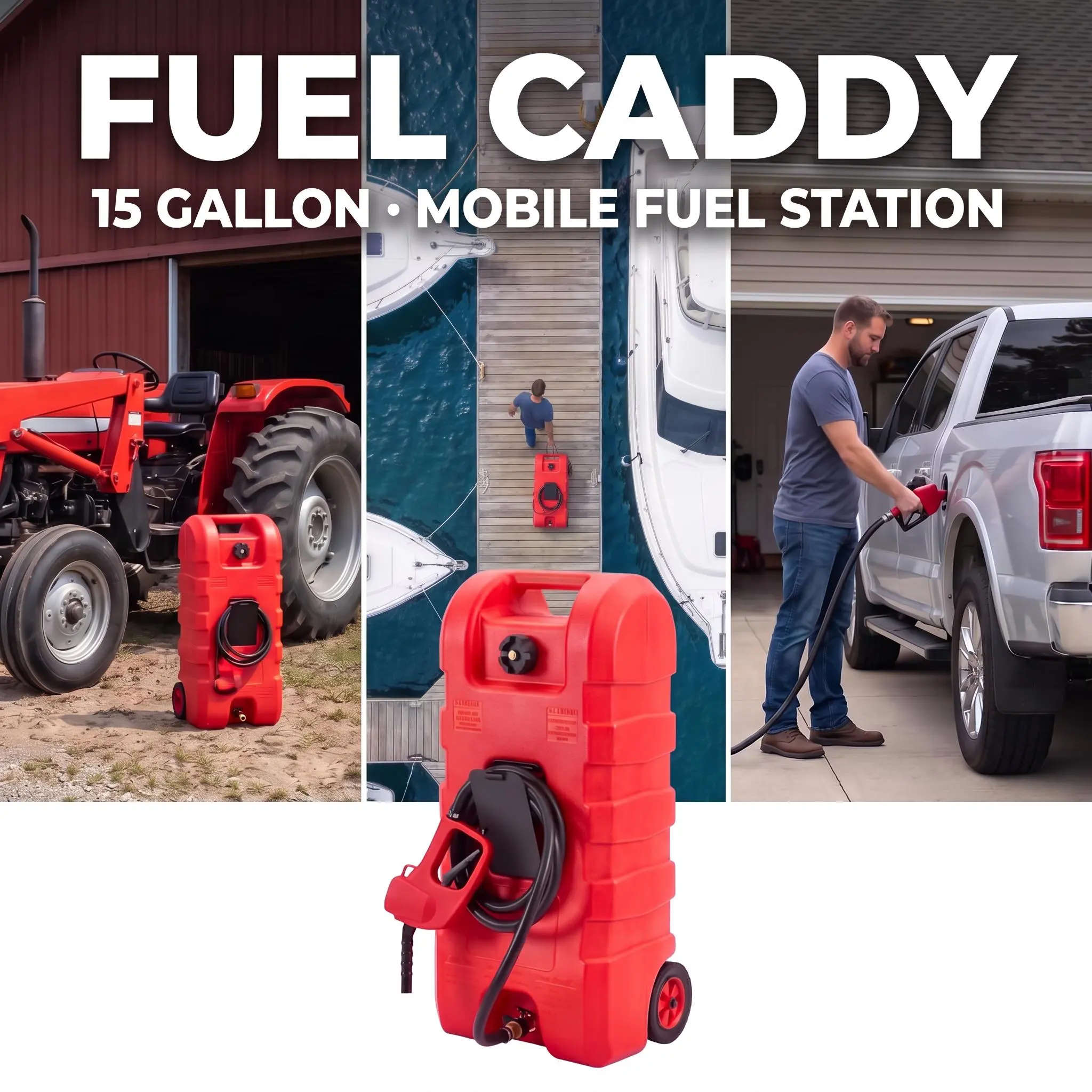 GARVEE 15 Gallon Portable Fuel Caddy with LE Pump & 10ft Hose for Gasoline Diesel Storage on Wheels for Cars Lawn Mowers ATVs Boats Red Yellow Gray Options - Convenience,toolupgrade