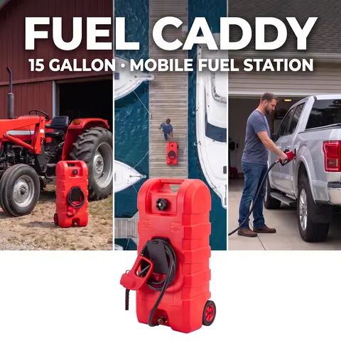 GARVEE 5-15gal Portable Automotive Fuel Caddy with LE Pump & 10ft Hose, High Density Polyethylene (HDPE), Wheels for Car Care, Landscaping Use (Red, Yellow, Gray Options)