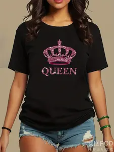 Women's & Men's Sparkling Pink Crown & QUEEN Glitter T-Shirt - Retro Black Short Sleeve Crew Neck Top with QUEEN Graphic, Comfort Fit Casual & Semi-Formal Shirt, Machine Washable Suitable for Parties, Pageants, Casual Attire