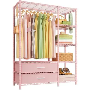 F3 Heavy Duty Clothes RackWith Fabric DrawersFreestanding Clothing Racks for Hanging ClothesAdjustable Closet Organizer SystemPortable Garment Rack 40" W x 15" D x 72" HMax Load 700LBSPink