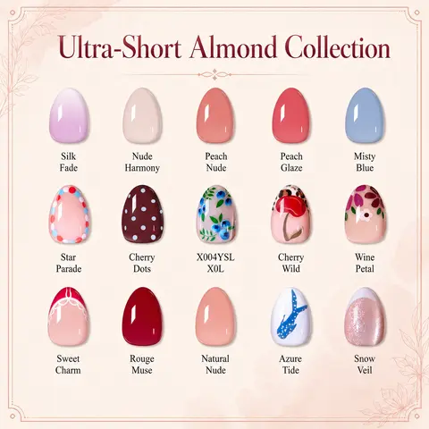 CurvLife Nailora Curv Short Almond Press-On Nails Collection - 30PCS 15 Sizes, Soft-Tapered Nude Pink, Glossy Minimal Floral Chic Styles, Reusable Salon-Look False Nails & Accessories for Daily Wear, Work, Short Almond False Nails & Accessories