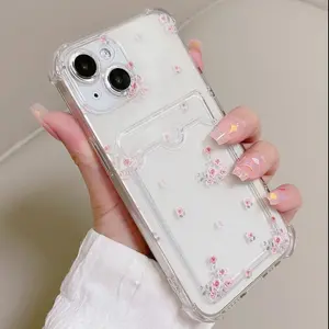 Pink Tiny Floral Clear Phone Case with Card Slot for iPhone 16/15/14/13/12/11 Pro Max/Pro/Plus - Shockproof Protective Cover