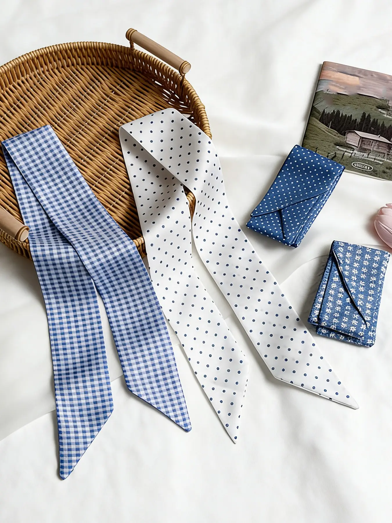 Elegant French Blue Polka Dot Pattern Polyester Material Scarf for Women and Girls, Vintage Appeal Hairband, Woven Ribbon, Multifunctional Use Scarf, Fashion Headscarf, Head Scarf, Bag Accessory, Fashion Hair Scarves, Decorative Scarf