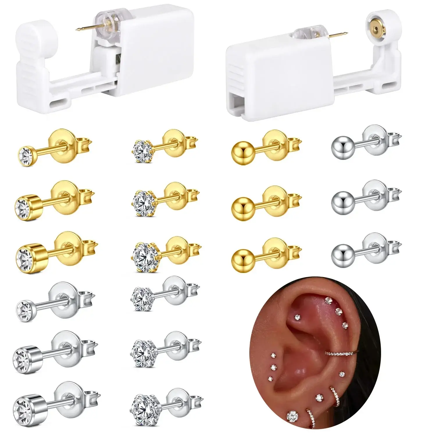 2 Sets Ear Piercing Kit Disposable Ear Piercing Gun Kit Self Piercing Gun and Build-in Earrings Stud Ear Piercing Gun