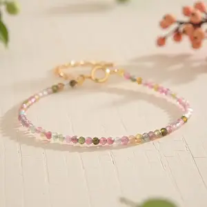 Natural Crystal Dainty 2mm Small Bead Bracelet, Ice Cream Tourmaline Crystal Beads Handmade Adjustable Bracelet for Women, Christmas Gift