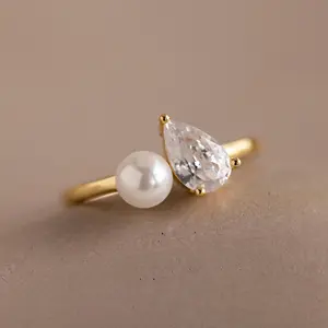 Pearl Diamond Ring by Caitlyn Minimalist - Two Stone Engagement Ring in 18K Gold Finish - Toi et Moi Promise Ring - Couples Jewelry - Gift for Her