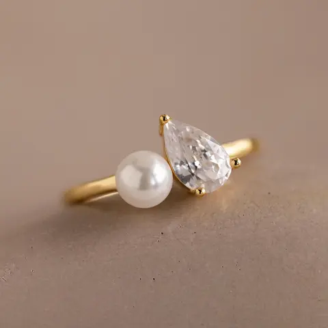 Pearl Diamond Ring by Caitlyn Minimalist - Dainty Two Stone Engagement Ring in Gold & Silver - Toi et Moi Promise Ring - Couples Jewelry - Gift for Her