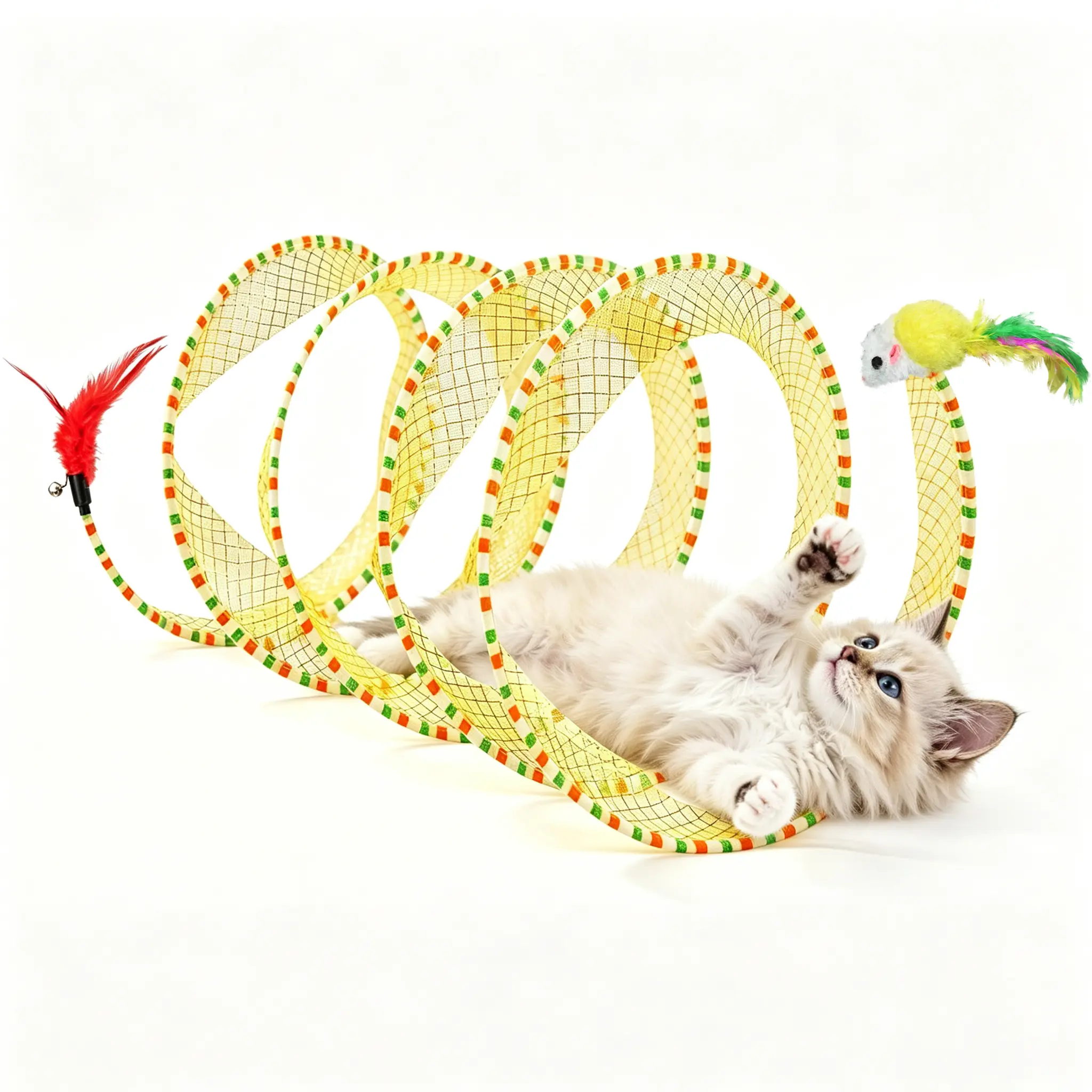 Tunnel Cat Toy, Cat Self Play Spiral Kitten Collapsible Spring Tunnel Toy for Indoor Cats with Feather and Bell, 20 Inches Unfolded, 2 Color Options Available #SummerVibes #petlovers