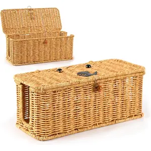 Cord hider box,Imitation rattan  management organizer storage box with lid 2 open slots extension cord keeper  basket cover under desk for  wire cords and power strip-13"L*5.1"W