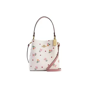 COACH Town 22 Metallic Carriage Logo Heart Floral Print Coated Canvas and Leather Bucket Bag for Women, Pink and White