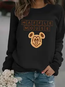 Women's Casual Waffle Mouse Mickey Head Graphic Pullover, Soft Long Sleeve Round Neck Sweatshirt, All-Season Wear