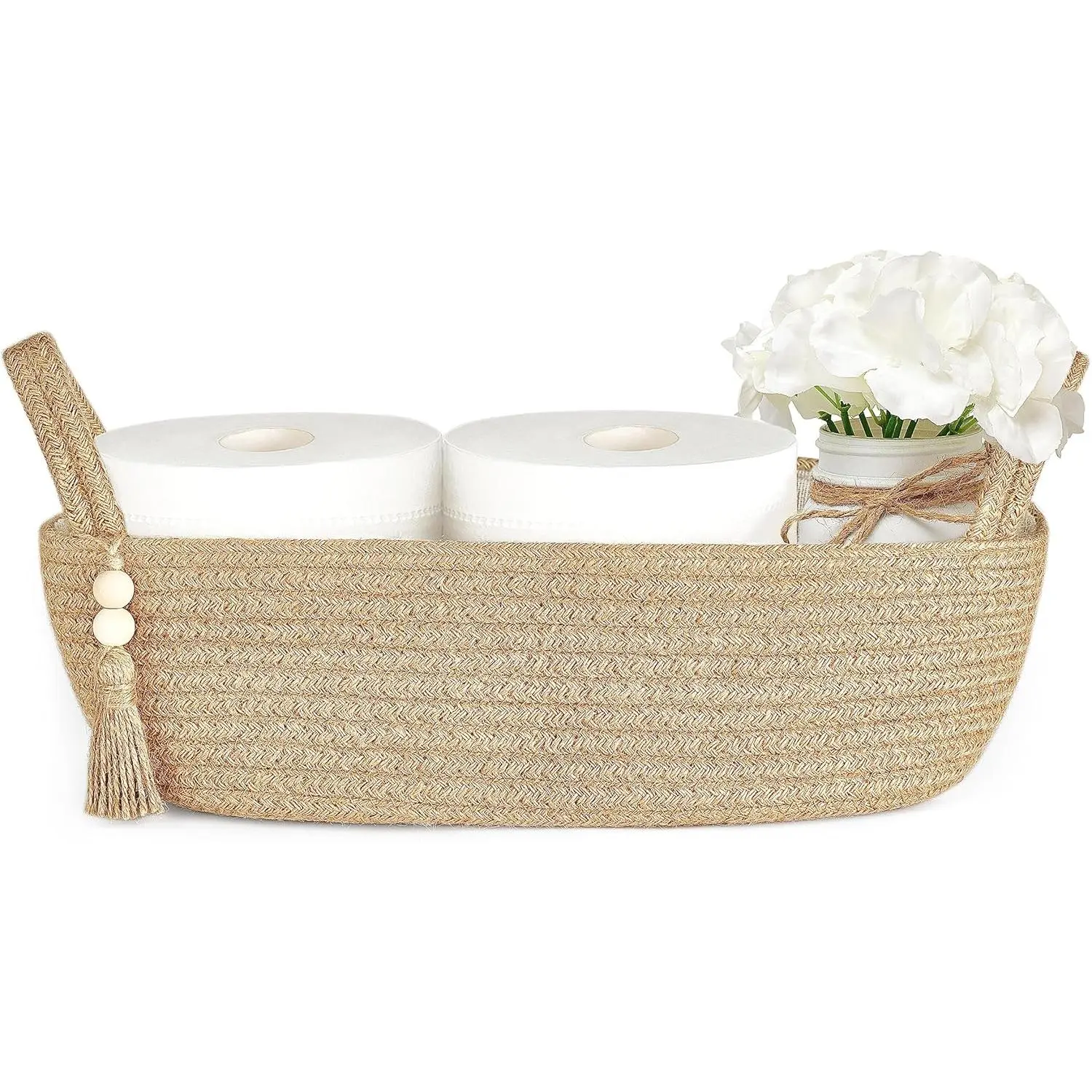 Small Storage Basket for Toilet Tank Top Boho Bathroom Decor Woven Rope Toilet Paper Tray Organizer for Shelf Bedroom Living Room, Jute, 1 Pack, 13" L x 6" W