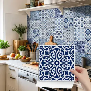 24PCS NHZ Art Tile Stickers, Blue & White Portuguese/Moroccan Pattern, PVC Crystal Film with Mirror Gloss, Peel & Stick Wall Decals, Removable No Residue, Easy to Clean for Bedroom Kitchen Bathroom Office Indoor Home Decor