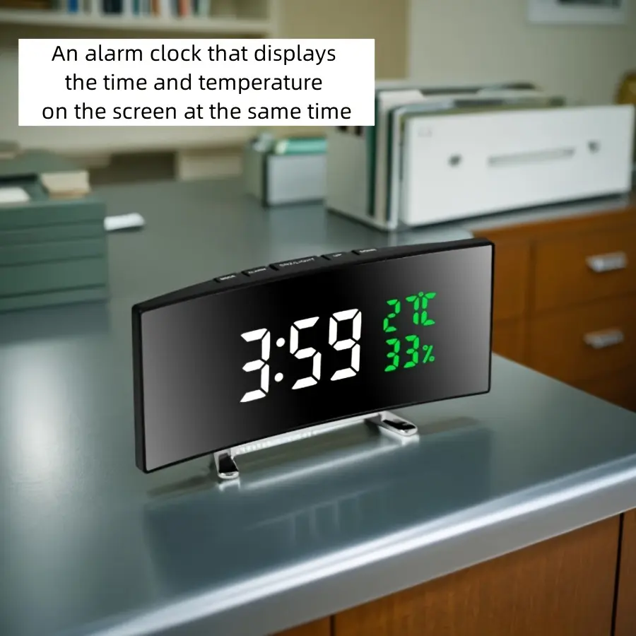 6.6-inch multi-functional LED timer with curved large-screen display - shows time, temperature and humidity. Can be powered by USB or battery (without AAA batteries). Features a stylish black design, suitable for modern home decoration.