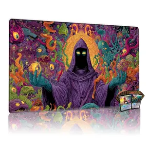 TCG, MTG, CCG RPG trading card game MATS, purple-robed mystic, arcane sphere, eldritch tentacle monsters, vivid cosmic horror art, 14x24 inches, anti-slip, washable, desk mat.