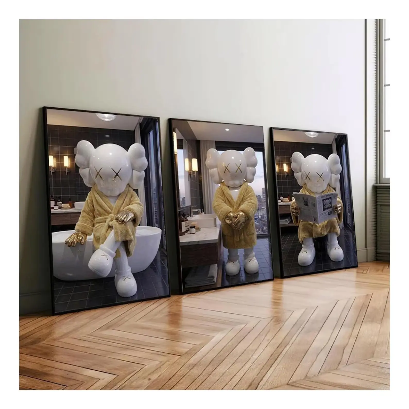 KAWS Bathroom Wall Art Set of 3 - Black Shower Posters, Hypebeast Washroom Decor, Modern Prints, Luxury Home Decor