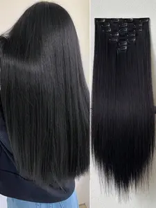 7pcs/Set Natural Black Clip-In Hair Extensions For Women 24 Inches Straight Synthetic Hair Natural Soft Invisible Clip-On Thick Extensions, Suitable For Daily Wear Clip On Hairpieces