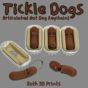 3D Printed Tickle Dog Keychains - Hot Dog Themed Keychains - Designed by MZM
