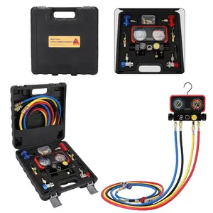 Wells AC R1234YF Gauge Set 4 Way AC Manifold Gauge Set R1234YF R134A R404A Only 1/2 Acme Refrigerant HVAC Tools with 5ft Hoses, Couplers Puncture, Can Tap, Works on Car Freon Charging and Evacuation
