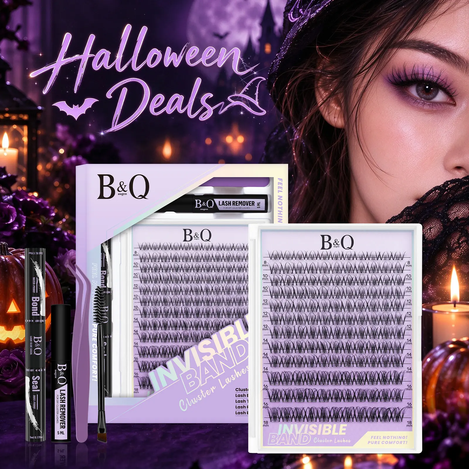 B&Q Breeze Cluster Cosmetic Eyelash Extensions Kit, Spider Style 0.03mm Synthetic Fibers, Invisible Thin Band, Lightweight, Voluminous, Waterproof, Beginner-Friendly False Lashes for Adults #Familyfun #Halloween