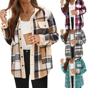 [All-Season Warmth Plaid Jacket] Women'S Casual Plaid Jacket with Fleece Lining, 100% Polyester Woven Shirt, Button Detail, All-Season Warmth