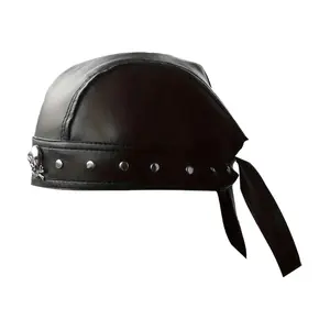 Rivet Studded Motorcycle Biker Cap - Breathable Faux Leather Bonnet With Adjustable Drawstring, Black & Red Accents Outdoor Sports & Casual Wear