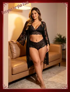Women's Alluring 3-Piece Lingerie Collection Brassiere and Brief Set with Lace Wrap Robe Sleepwear Sheer Night Dress for Special Occasions and Regular Wear Floral Casual