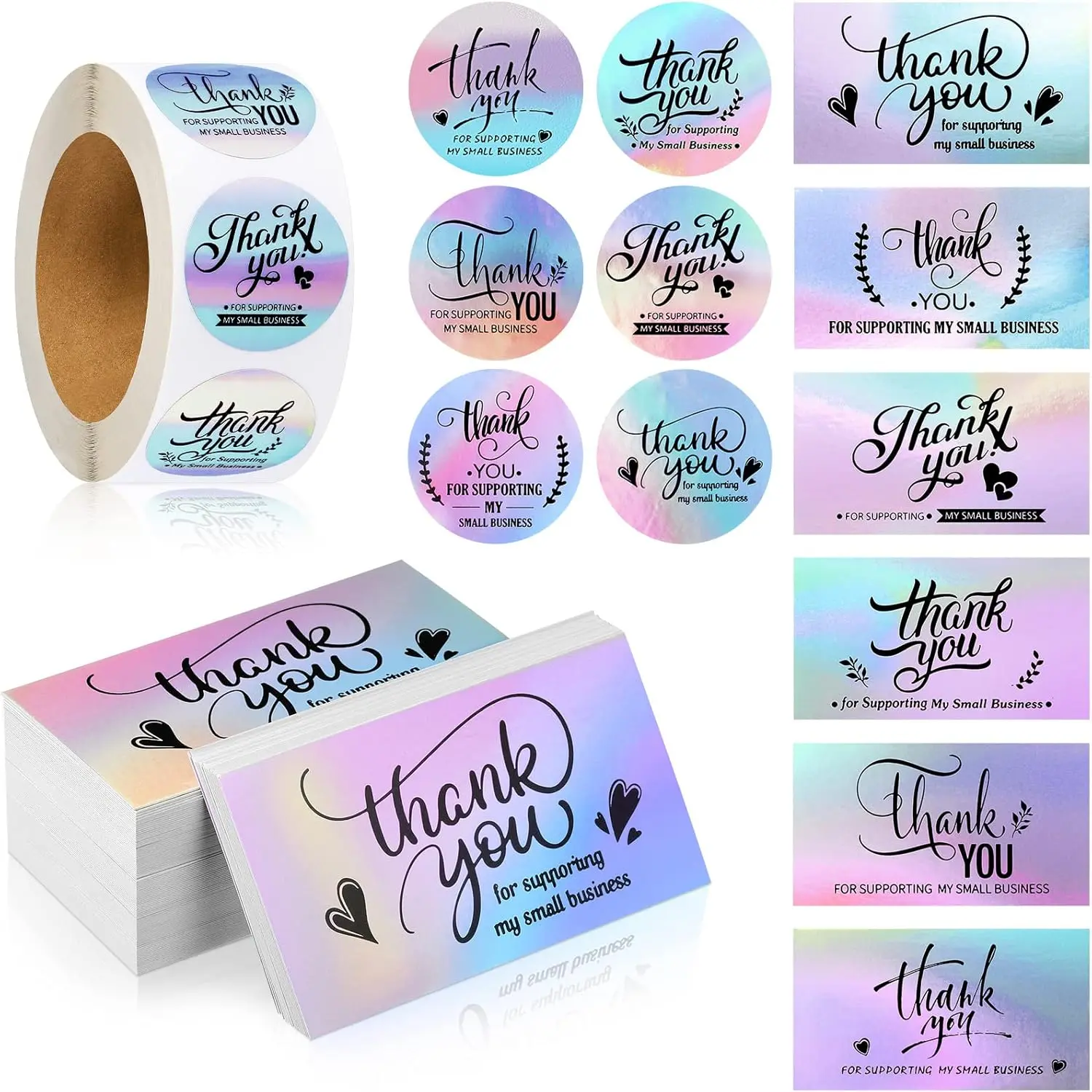 High Quality Glossy Finish Laminated Paper Set (1120-Count) - 120 Blank Business Cards with Blank Space, 1000-Roll 1in Holographic Self Adhesive Stickers for Small Biz Package Inserts, Thank You Cards, 1 Inch