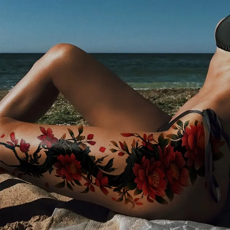 Floral Temporary Tattoo Sticker, Waterproof Temporary Tattoos, Temporary Fake Tattoo, Waterproof and Sweatproof, Vibrant, Aesthetic and Flower Design for Parties and Beachwear, Realistic Effect, Temporary Tattoos Stickers