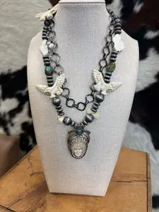 Art By Amy 20" Native Chief & Eagles / Turquoise & Silver Beads Double Strand Necklace