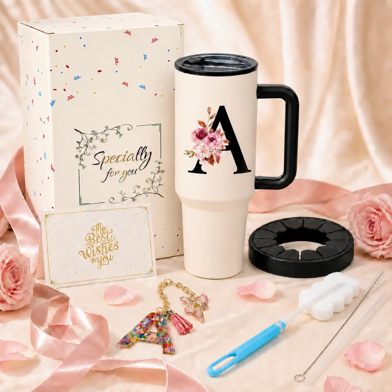ZIOSINM Floral Initial Tumbler Gift Set for Women, Includes Gift Box, Greeting Card and Matching Letter Keychain, Available in 30oz or 40oz Stainless Steel, or 17oz Glass Flasks