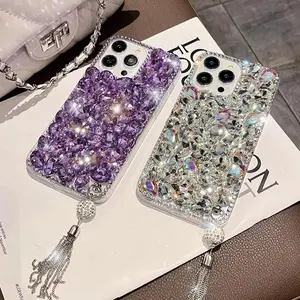 Rhinestone Decor Phone Case with Tassel Pendant, 1 Count Fashion Phone Protective Cover, Phone Accessories Compatible with iPhone 16 15 14 13 12 11 Pro Max