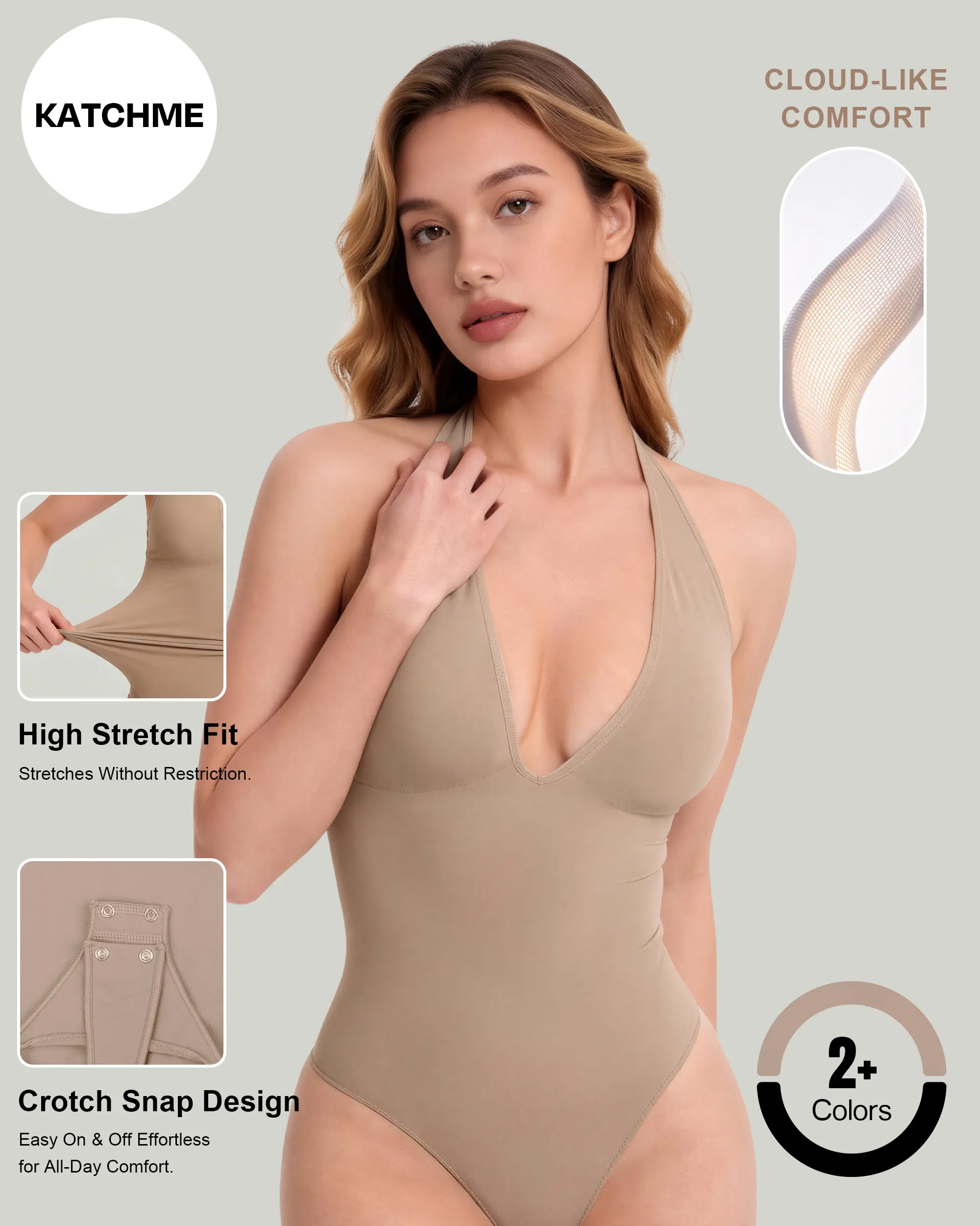 Katch Me Chic Women's Versatile Solid Color Deep V 3-Way Convertible Straps Seamless Bodysuit, Sweat-Wicking Shapewear, High Stretch Curves-Enhancing Going Out Outfit