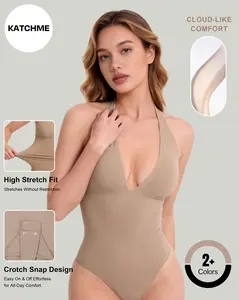 Katch Me Chic Women's Versatile Solid Color Deep V 3-Way Convertible Straps Seamless Bodysuit, Sweat-Wicking Shapewear, High Stretch Curves-Enhancing Going Out Outfit