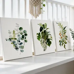 3Pcs/Set Watercolor Botanical Leaves Canvas Wall Art Set, Eucalyptus & Monstera Prints, Green Neutral Boho Decor for Living Room, Bedroom & Bathroom, 12X16in Framed
