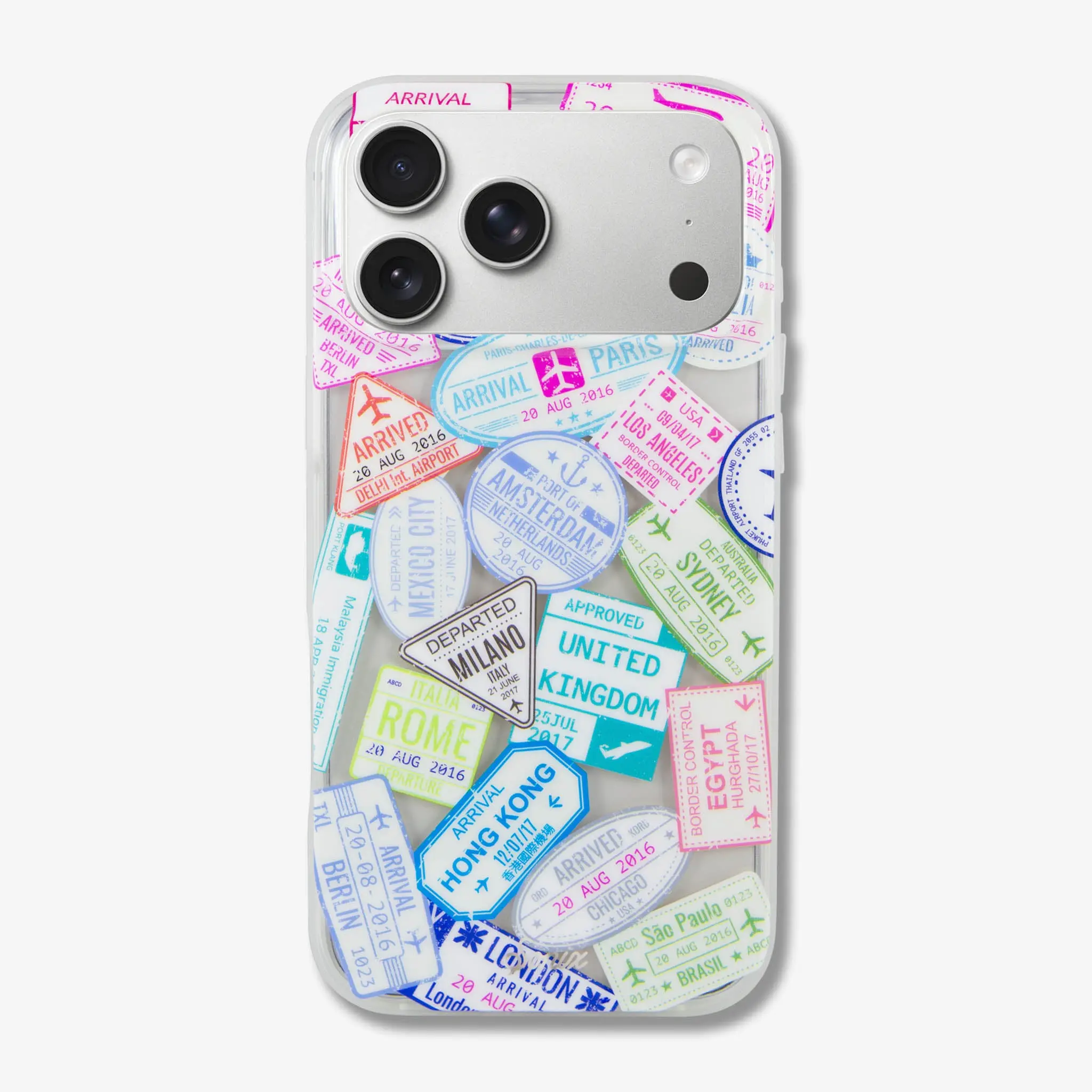 MagSafe® Compatible Passport Stamps iPhone Case - Colorful Protector for Travel Enthusiasts, Transparent Back Cellphone Accessory