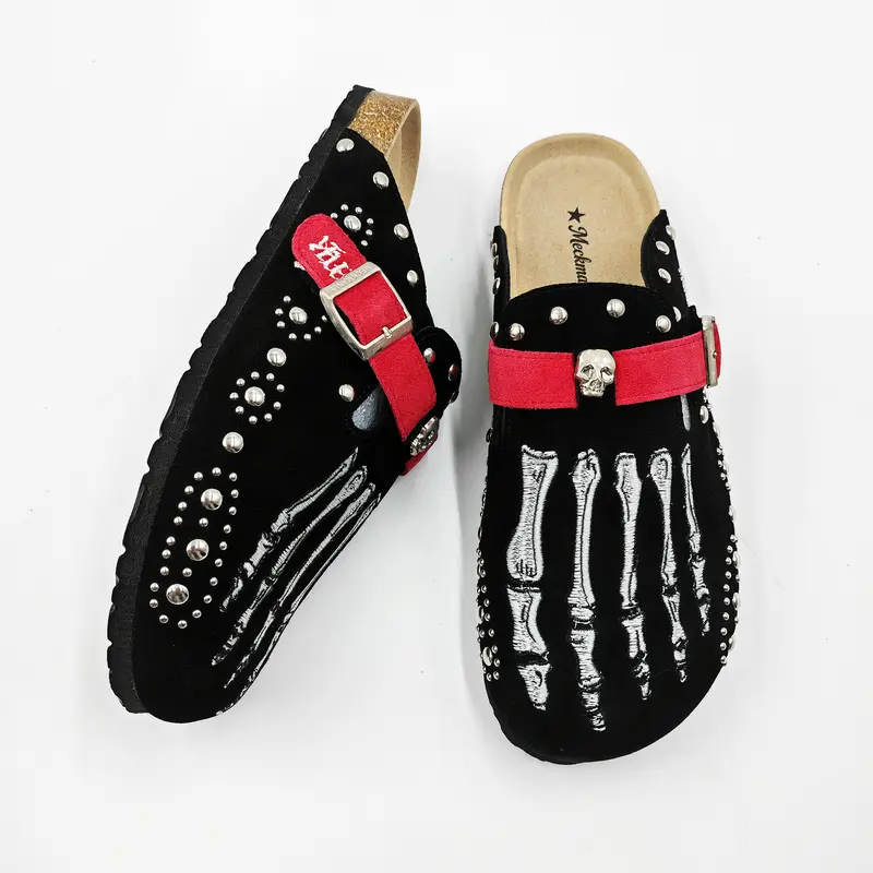 MECKMANLY Men's Gothic Cowhide Mules, Red Round Toe Slip-On Slides with Skeleton Print, Skull Buckle, Adjustable Strap, Letter Print, Rubber Sole, Casual Street Style All-Season Men's Shoes