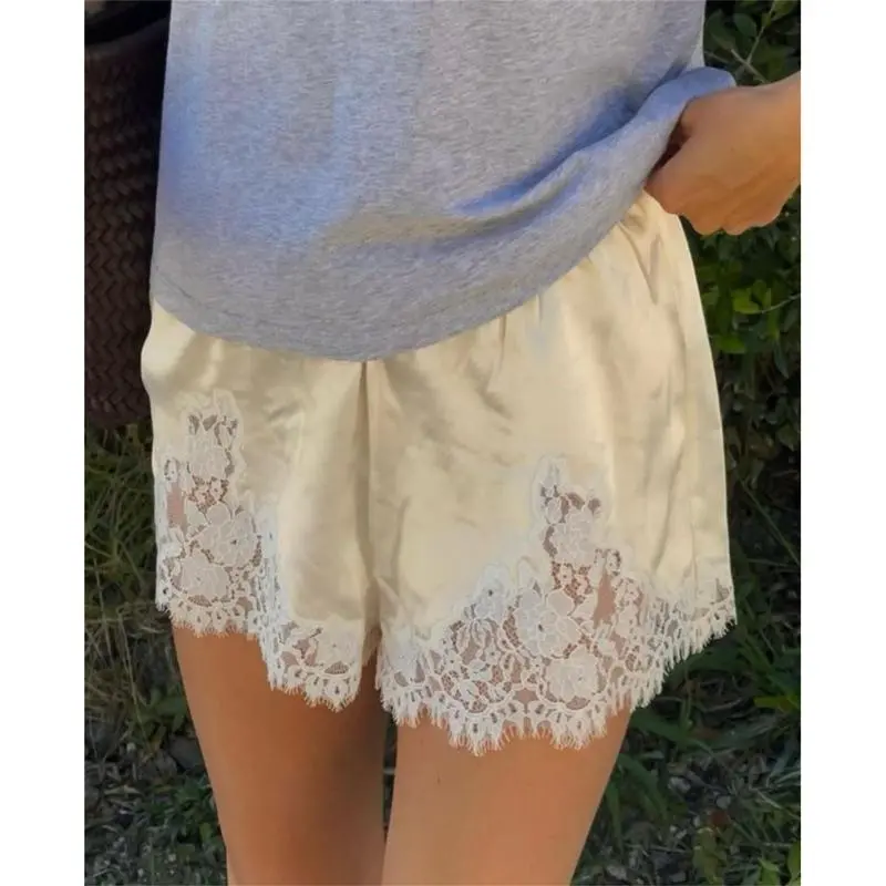 Satin Silk Shorts for Women Y2K Low Rise Lace Trim MicroMini Shorts Cute Coquette Lounge Pajama Half SlipBottoms Comfortable Stylish Casual Day Loungewear Nightwear Basic Minimalist Champagne Vibe halloween pajamas