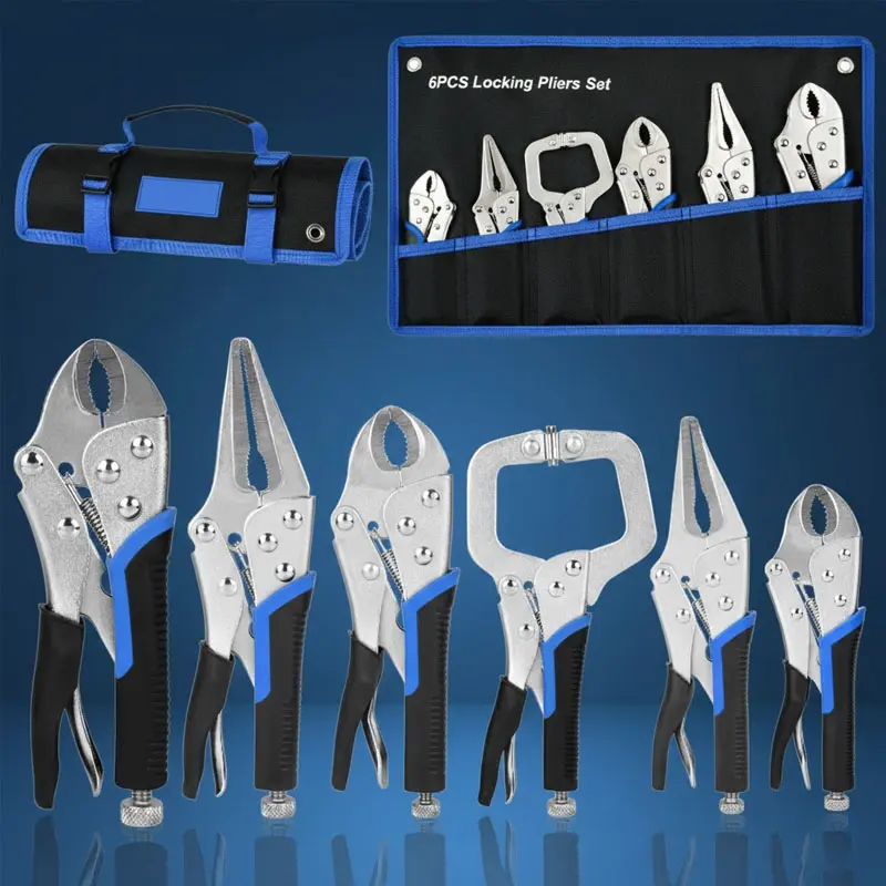 6-Piece Heavy Duty Multi Function Pliers Set for Work Tools, Tools with Curved Jaw (5,7,10 in) for Precise Gripping, Long Nose (6-1/2,9-1/2 in), C-Clamp, TPR Comfort Grip Handles, Roll-Up Storage Pouch
