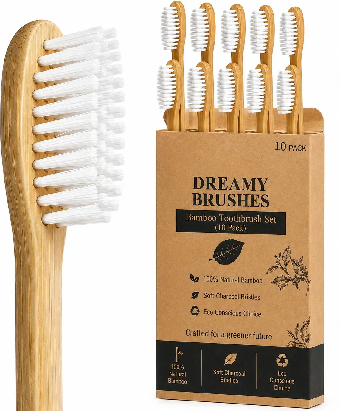 10-Pack Eco Friendly Bamboo Toothbrushes | Eco-Friendly Plant-Based Medium Bristles | Natural Wooden Toothbrush Set