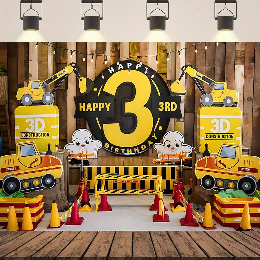 Glam Soft 1pc Flat Banner - Durable Vibrant Polyester 3rd Birthday Construction Decor, Excavator & Cake Design, White Textile Indoor Wall Ornament for Youngsters