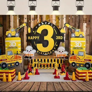 1pc 2D Flat Happy 3rd Birthday Construction Theme Party Banner - Vibrant Polyester Backdrop with Excavator & Cake Design for Home, Room, and Wall Decorations, Perfect for Youngsters' 3rd Birthday Ornaments White