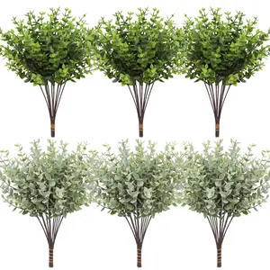 24Pcs Artificial Eucalyptus Stem, Artificial Greenery Stems Fake Plants Outdoor UV Resistant Faux Plastic Boxwood for Kitchen Office Garden Porch Farmhouse Window Box Home Decor, Artificial Plants, Indoor Faux Plant, Outdoor Decorations