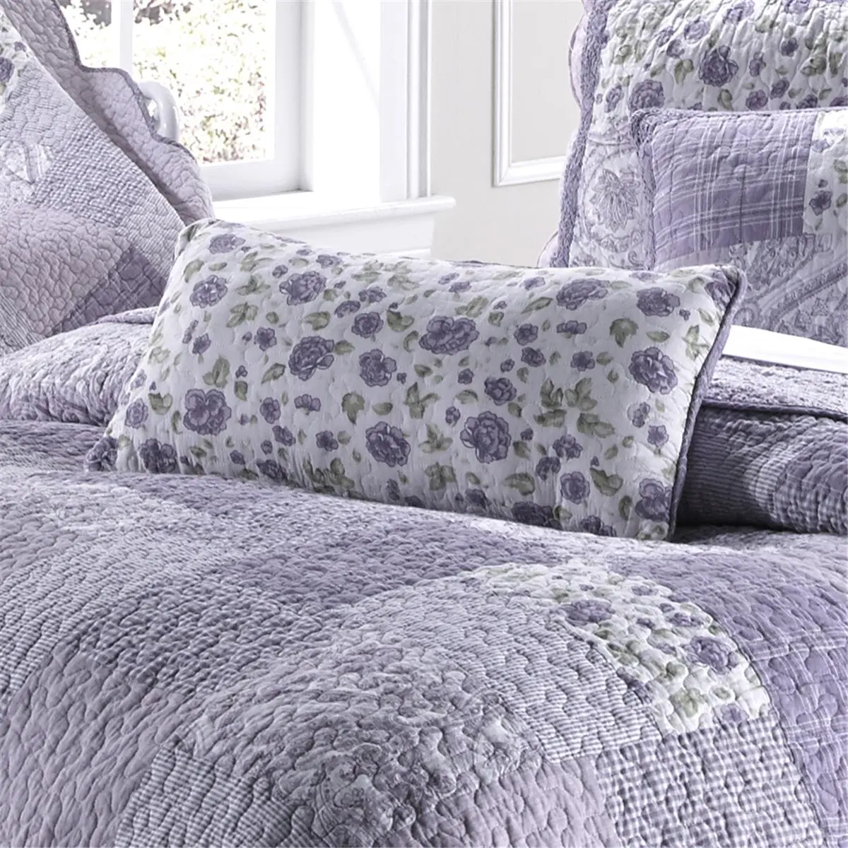212 MAIN Quilted 100% Cotton Lavender Rose Floral Print Rectangular Durable Cushion, 11x22 in, Home Decorative Cushion for Bedroom Furniture Accent, Durable Cushions