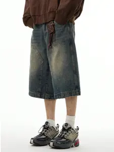 Men's Summer Vintage Mud Washed Wide Leg Jeans Shorts, American High Street Workwear Large Pockets Knee-Length Casual Pants