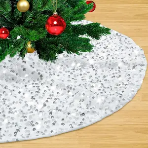 Silver White 24 Inches Shiny Sequin Christmas Tree Skirt Farmhouse Tree Skirt for Christmas Holiday Party Decorations