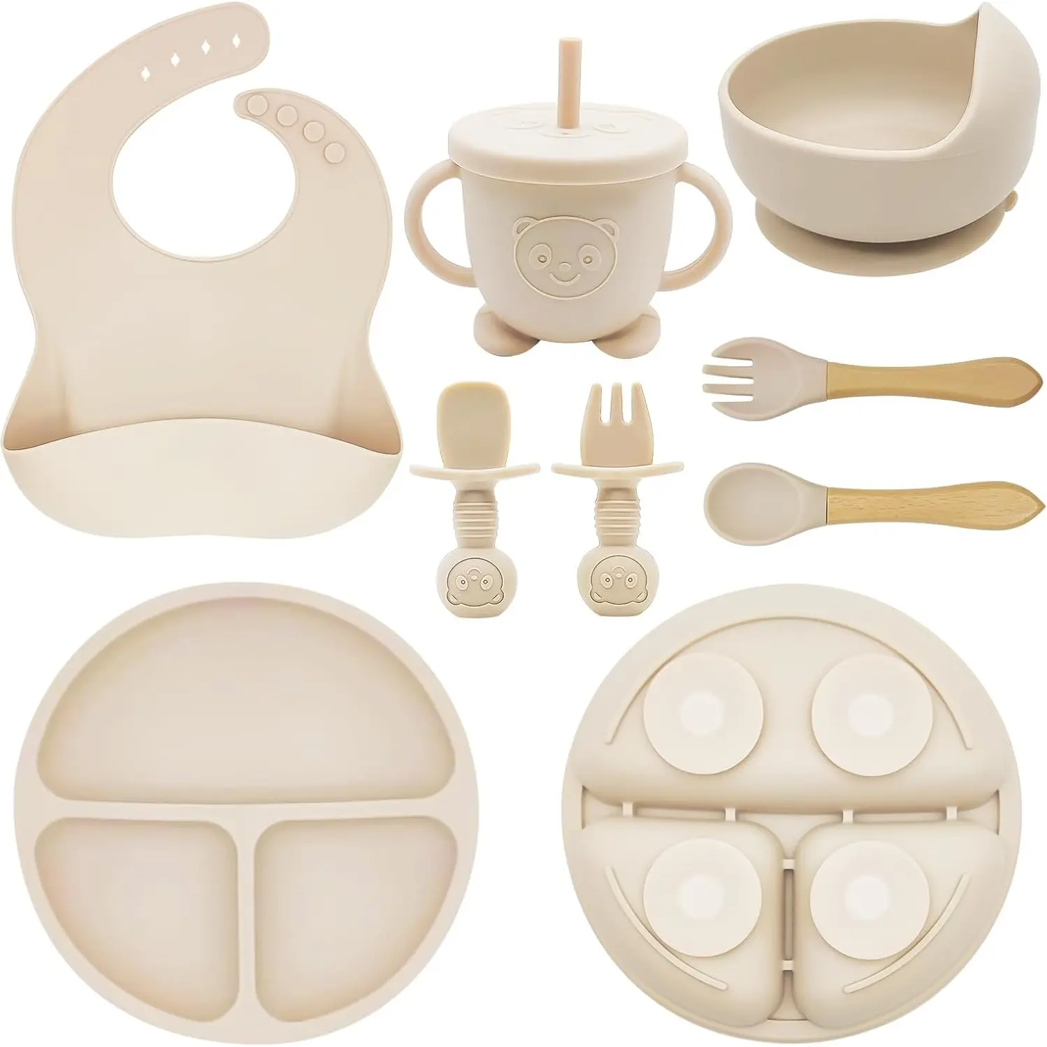 8pcs Silicone Baby Tableware Set, Silicone Bib, Suction Plate, Suction Bowl, Wooden Handle Spoon Fork, Silicone Feeding Utensils, Toddler Dinnerware Set, Food Grade, Soft and Safe