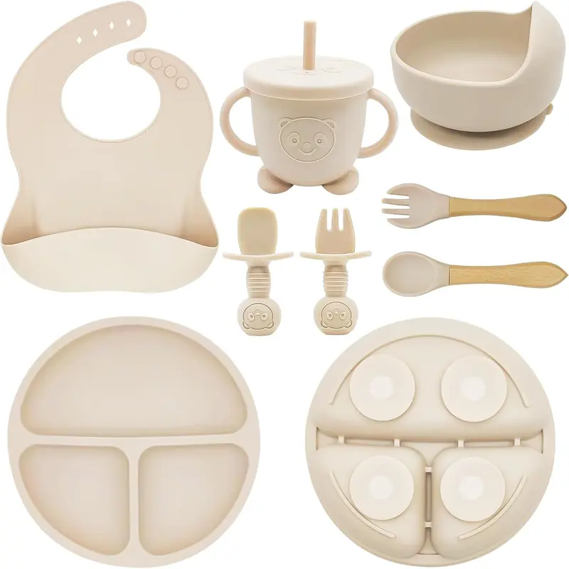 8pcs Silicone Baby Tableware Set, Bib, Suction Plate, Suction Bowl, Wooden Handle Spoon & Fork, Toddler Dinnerware Set, Silicone Toddler Utensils, Food Grade, Soft and Safe